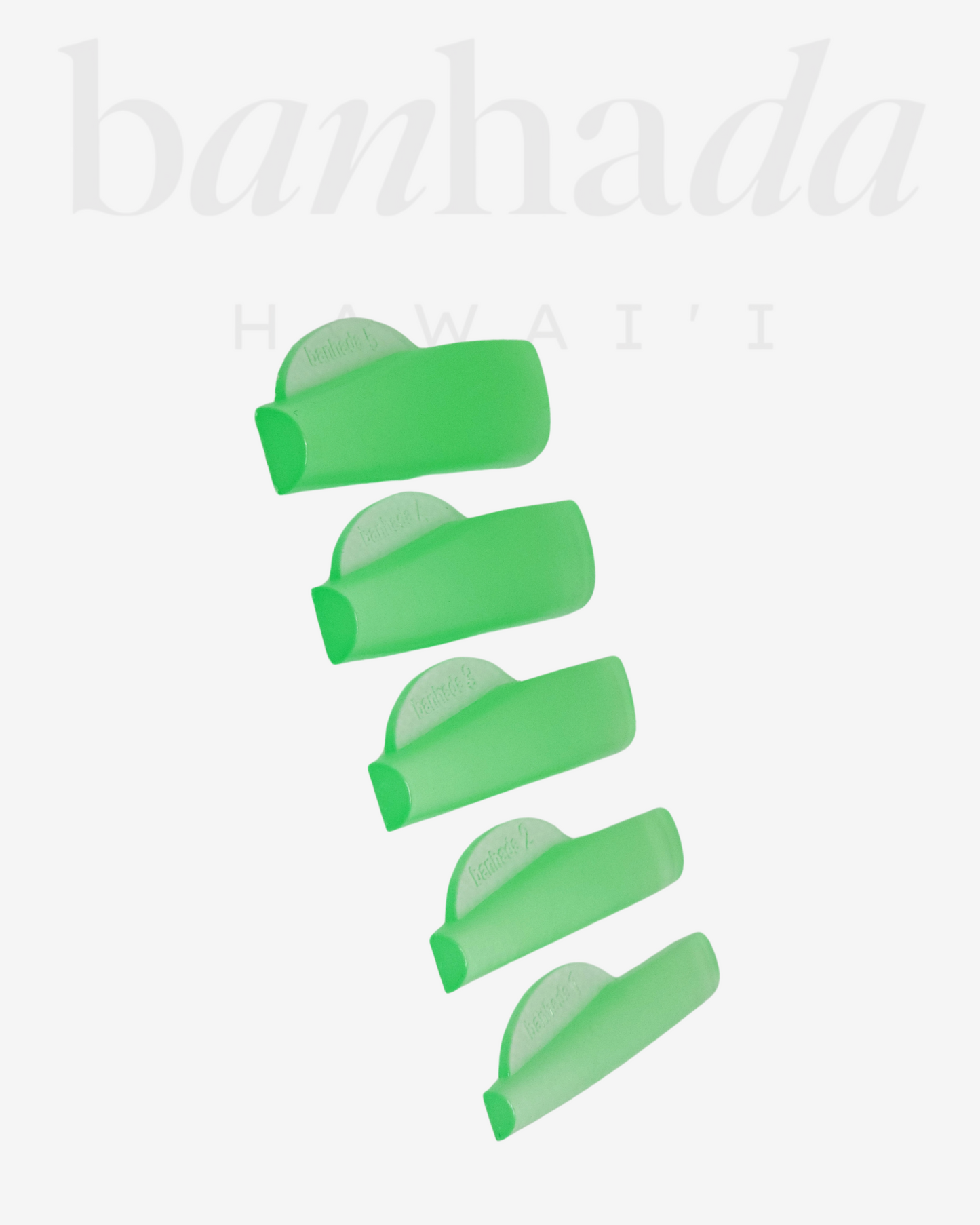 Banhada Biscuit Lash Rods, side view, five sizes displayed