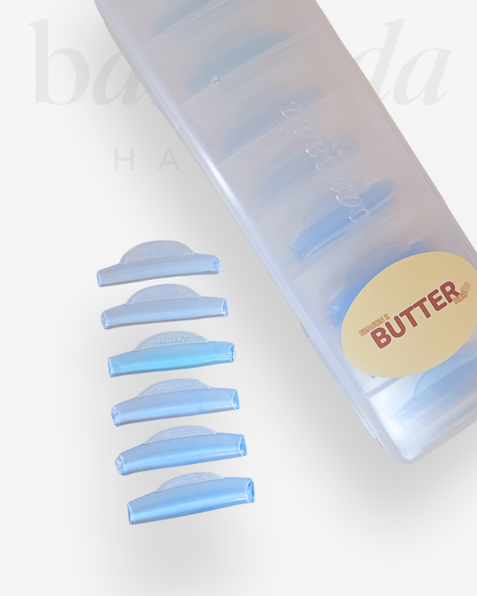 Banhada Butter Lash Rods Season 2, 5 sizes displayed next to case, top view